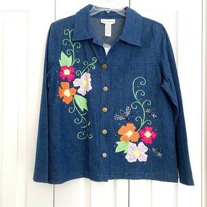 Womens Denim Jean Jacket Tapestry Patch Spring Bee Floral Embroidered Size M NWT